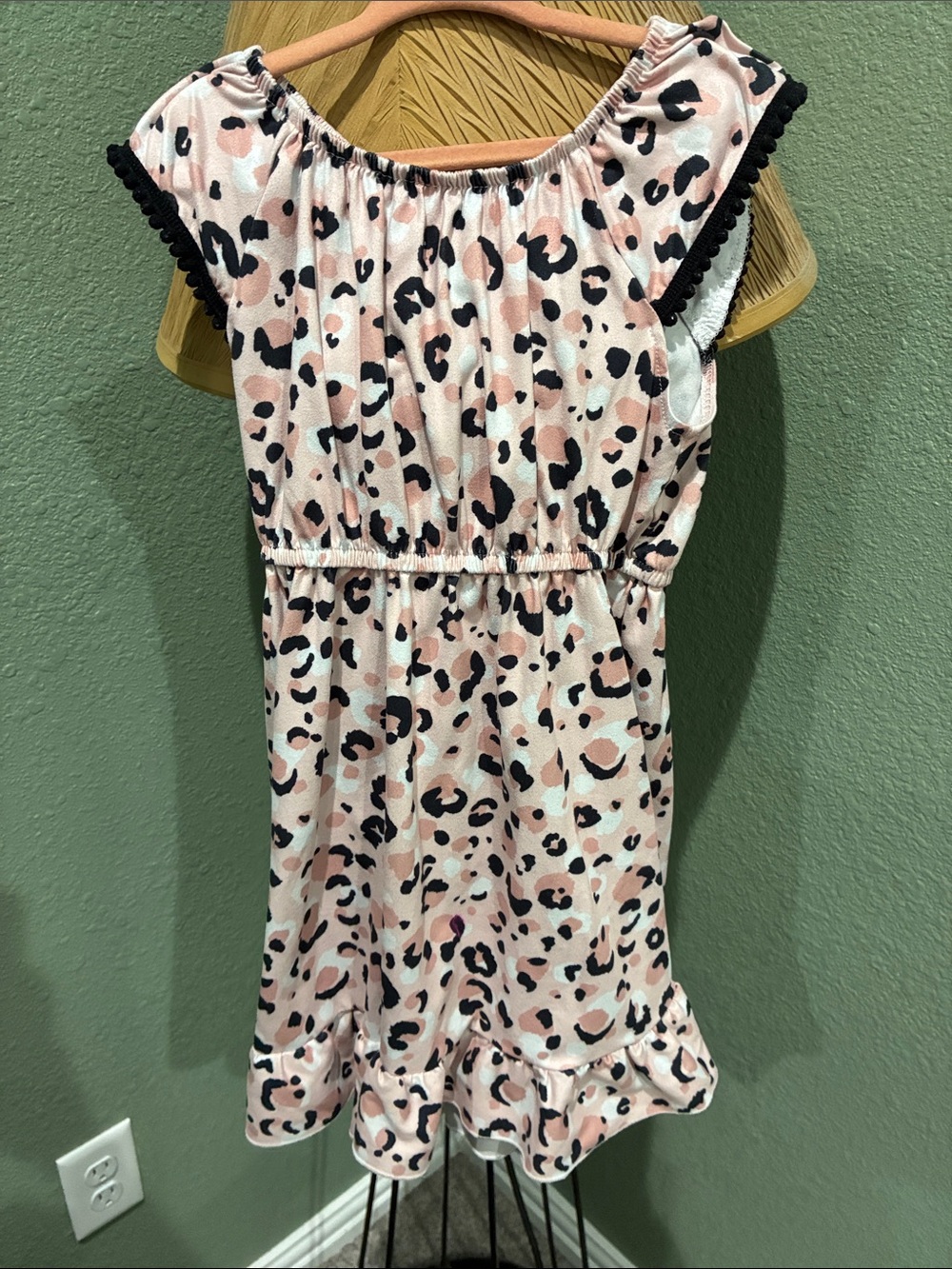 Girls Pink Leopard Print Ruffle Dress with Black Trim